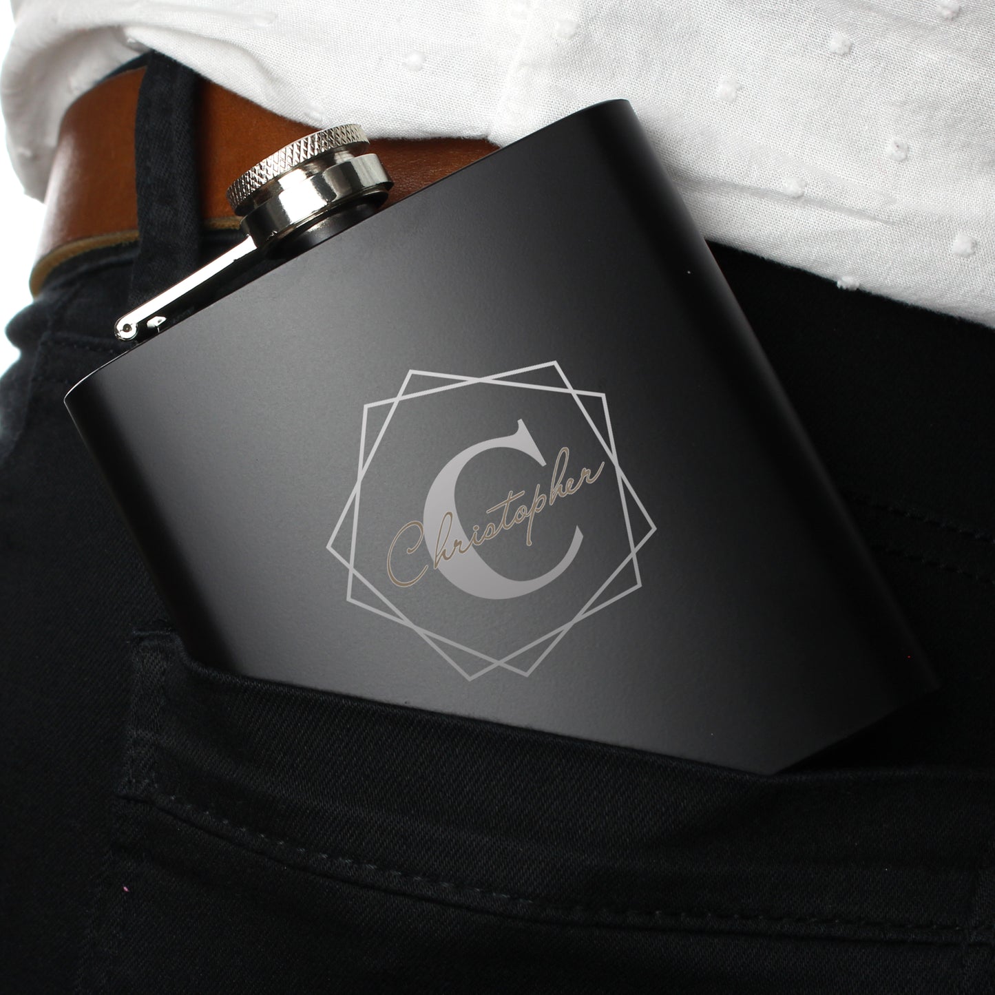Personalised Geometric Initial Black Hip Flask - MK&JD Gifts