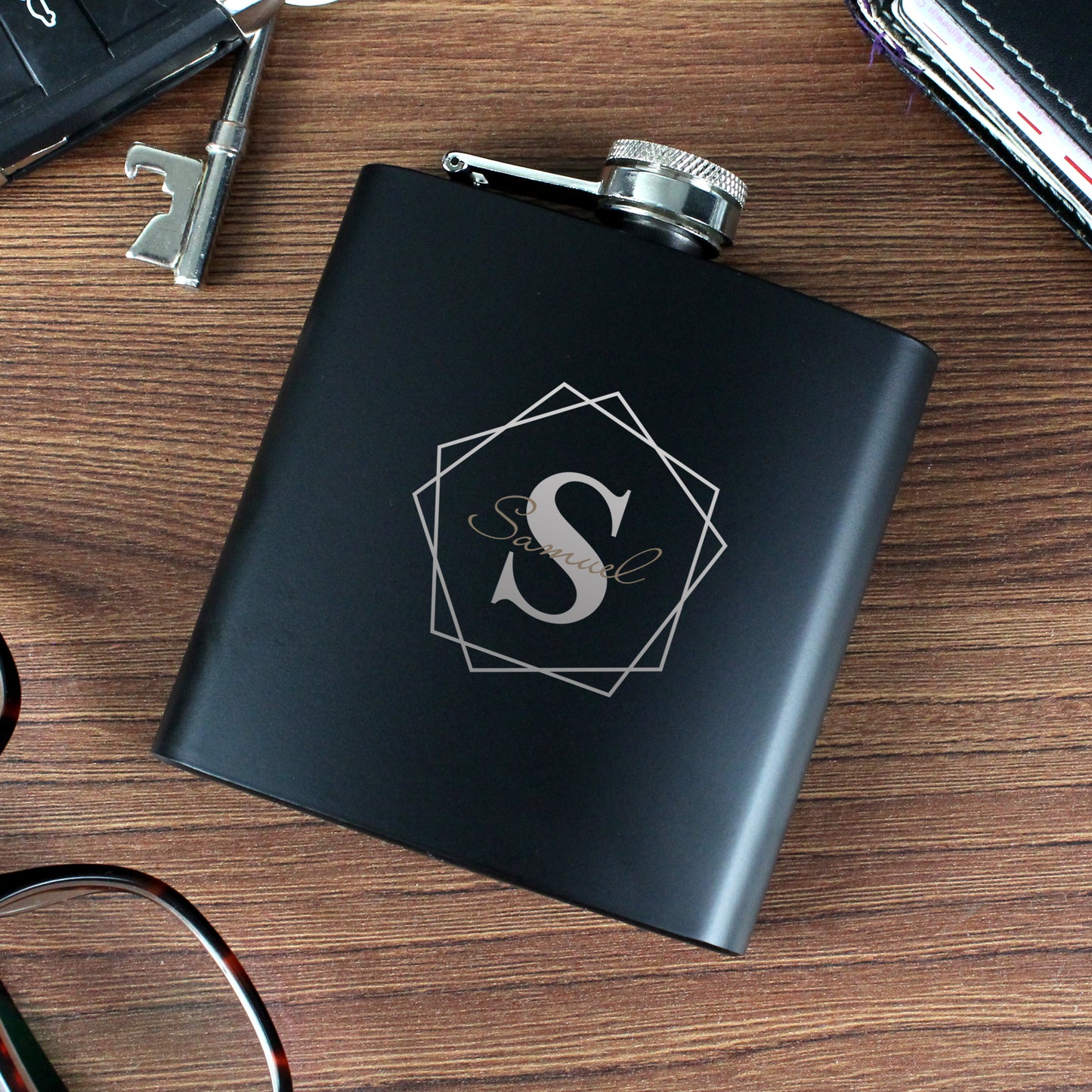 Personalised Geometric Initial Black Hip Flask - MK&JD Gifts