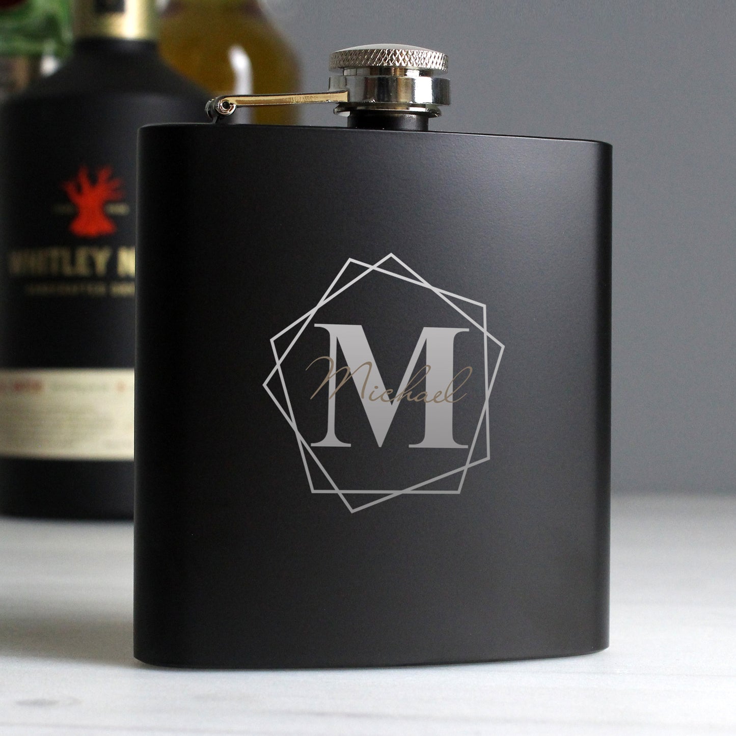 Personalised Geometric Initial Black Hip Flask - MK&JD Gifts