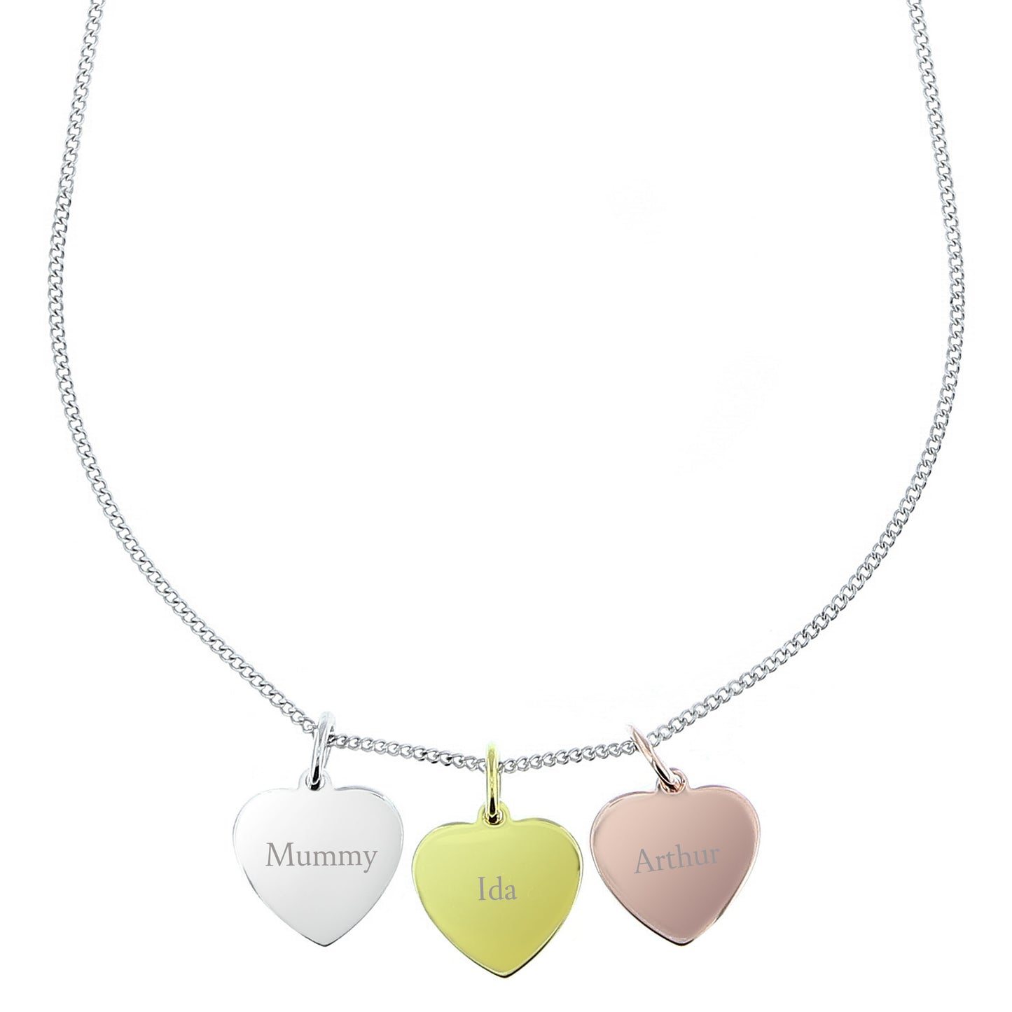 Personalised Names Gold Rose Gold and Silver 3 Hearts Necklace - MK&JD Gifts