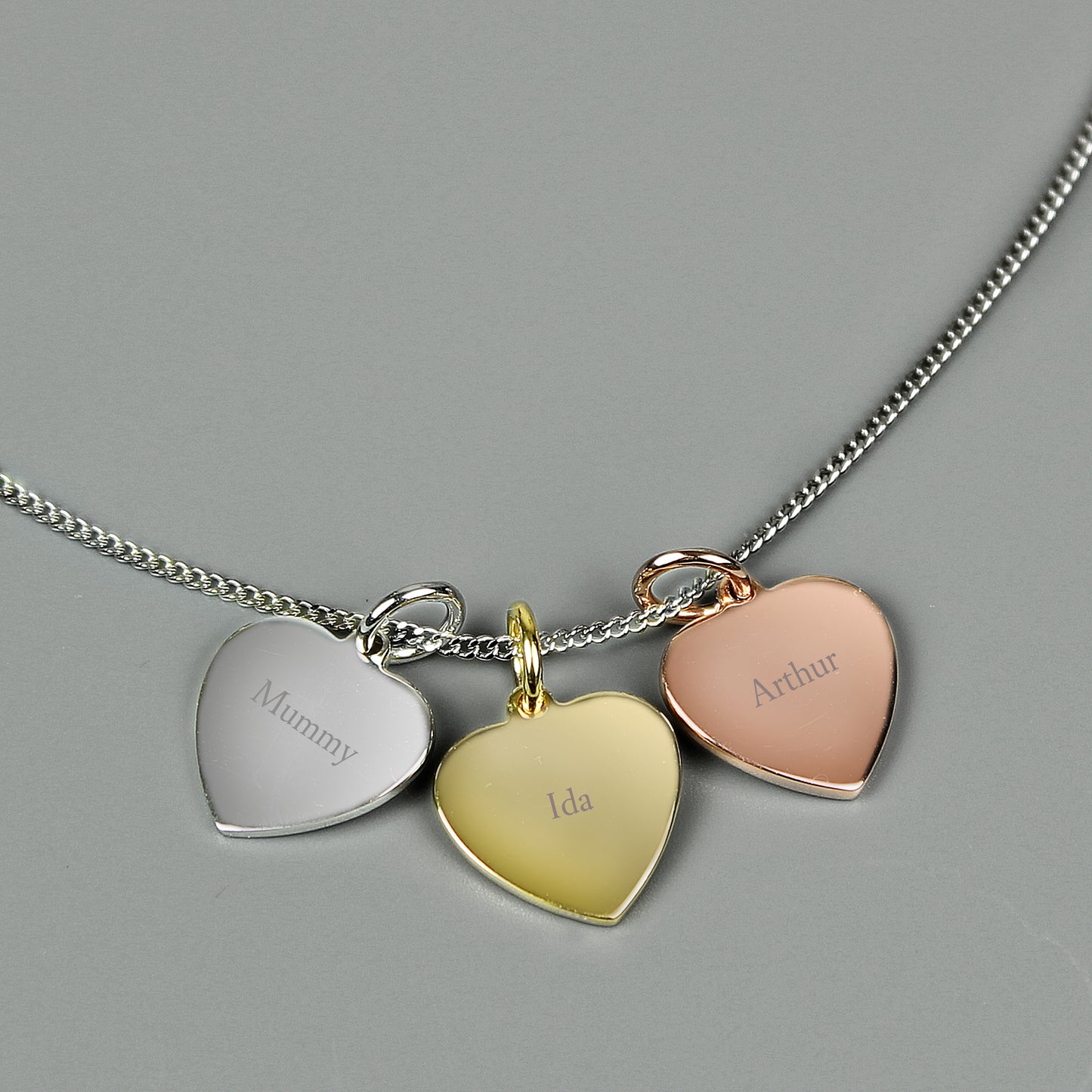 Personalised Names Gold Rose Gold and Silver 3 Hearts Necklace - MK&JD Gifts