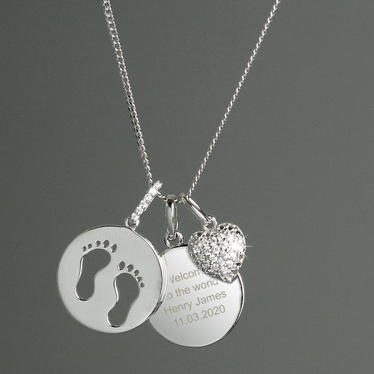 Personalised Sterling Silver Footprints and Cubic Zirconia Heart Necklace - MK&JD Gifts