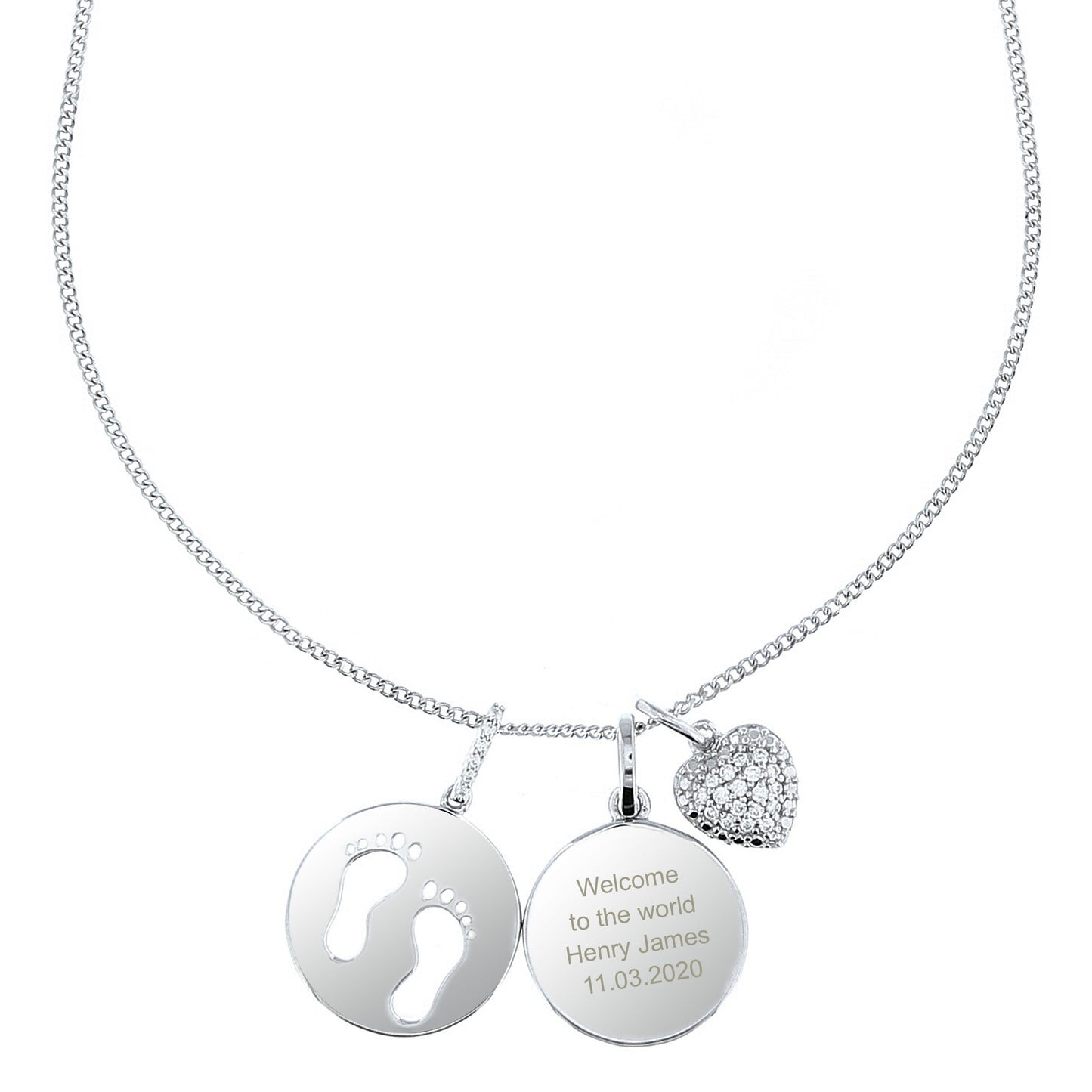 Personalised Sterling Silver Footprints and Cubic Zirconia Heart Necklace - MK&JD Gifts
