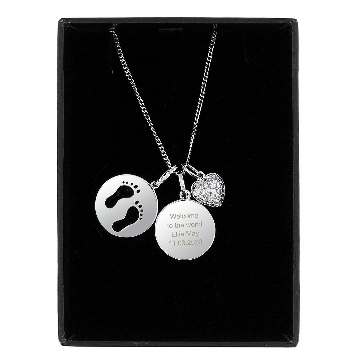 Personalised Sterling Silver Footprints and Cubic Zirconia Heart Necklace - MK&JD Gifts