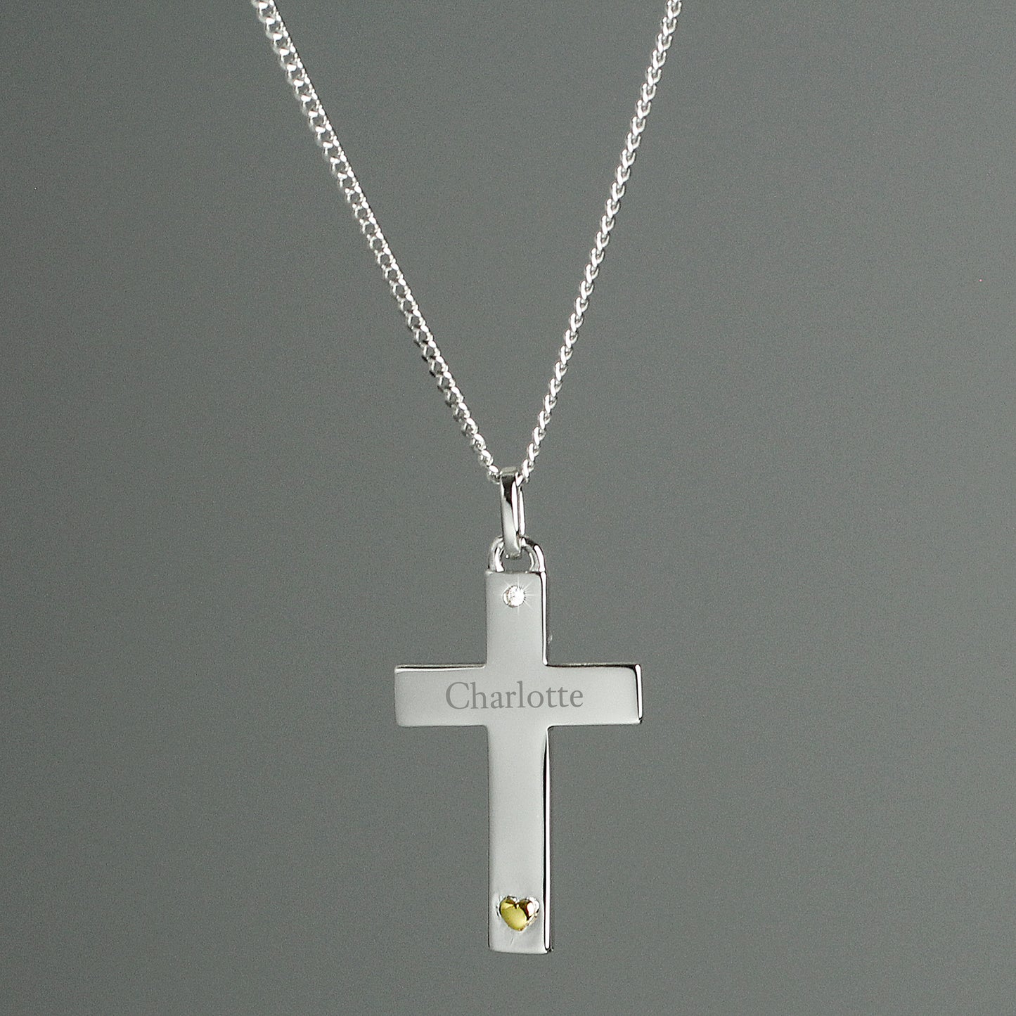 Personalised Sterling Silver Cross with 9ct Gold Heart & CZ Necklace - MK&JD Gifts