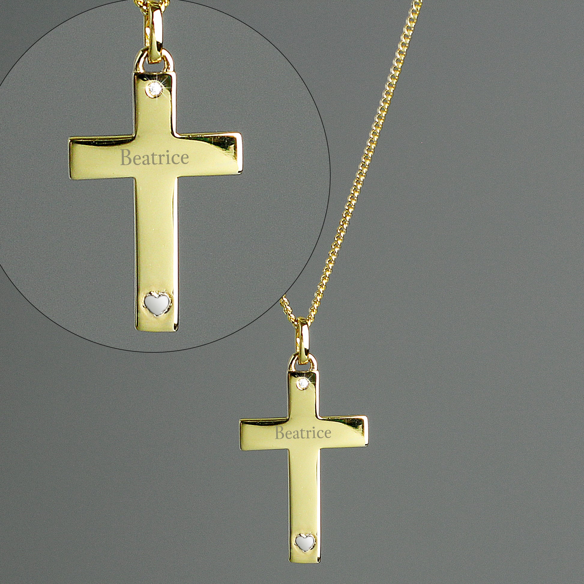 Personalised 9ct Gold Cross with Sterling Silver Heart & CZ Necklace - MK&JD Gifts
