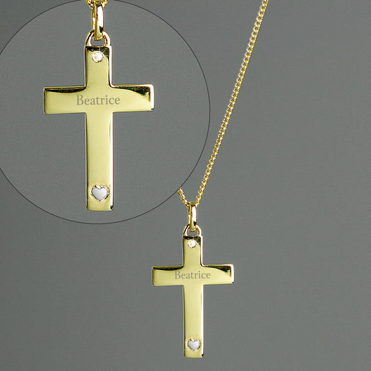 Personalised 9ct Gold Cross with Sterling Silver Heart & CZ Necklace - MK&JD Gifts