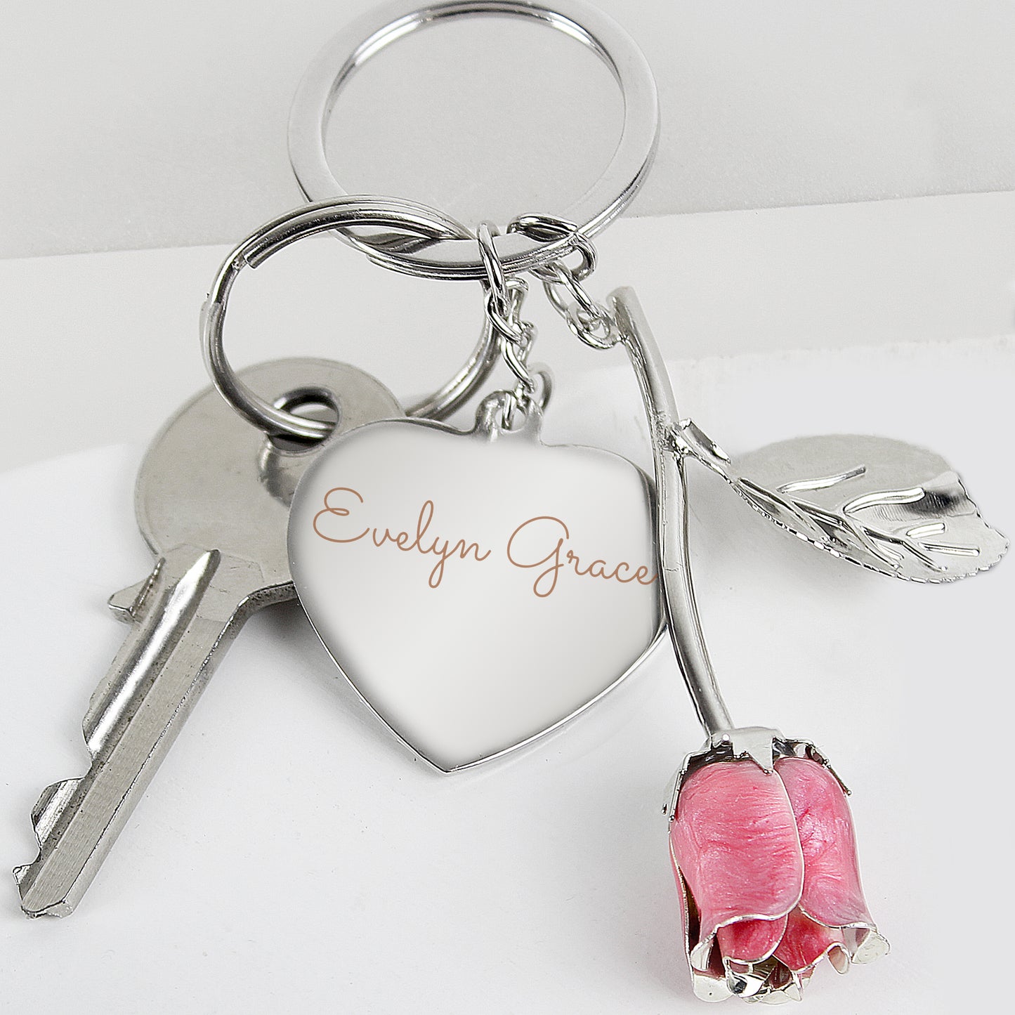 Personalised Silver Plated Name Pink Rose Keyring - MK&JD Gifts