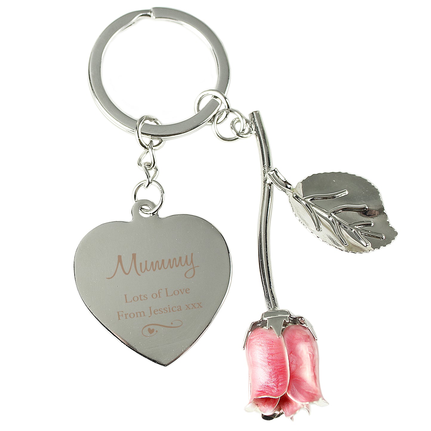 Personalised Silver Plated Swirls & Hearts Pink Rose Keyring - MK&JD Gifts