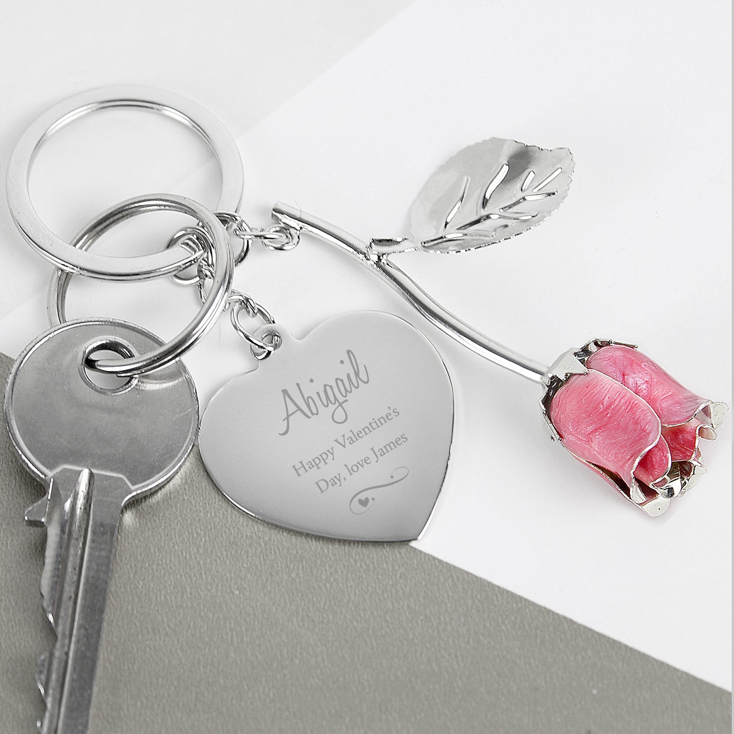 Personalised Silver Plated Swirls & Hearts Pink Rose Keyring - MK&JD Gifts