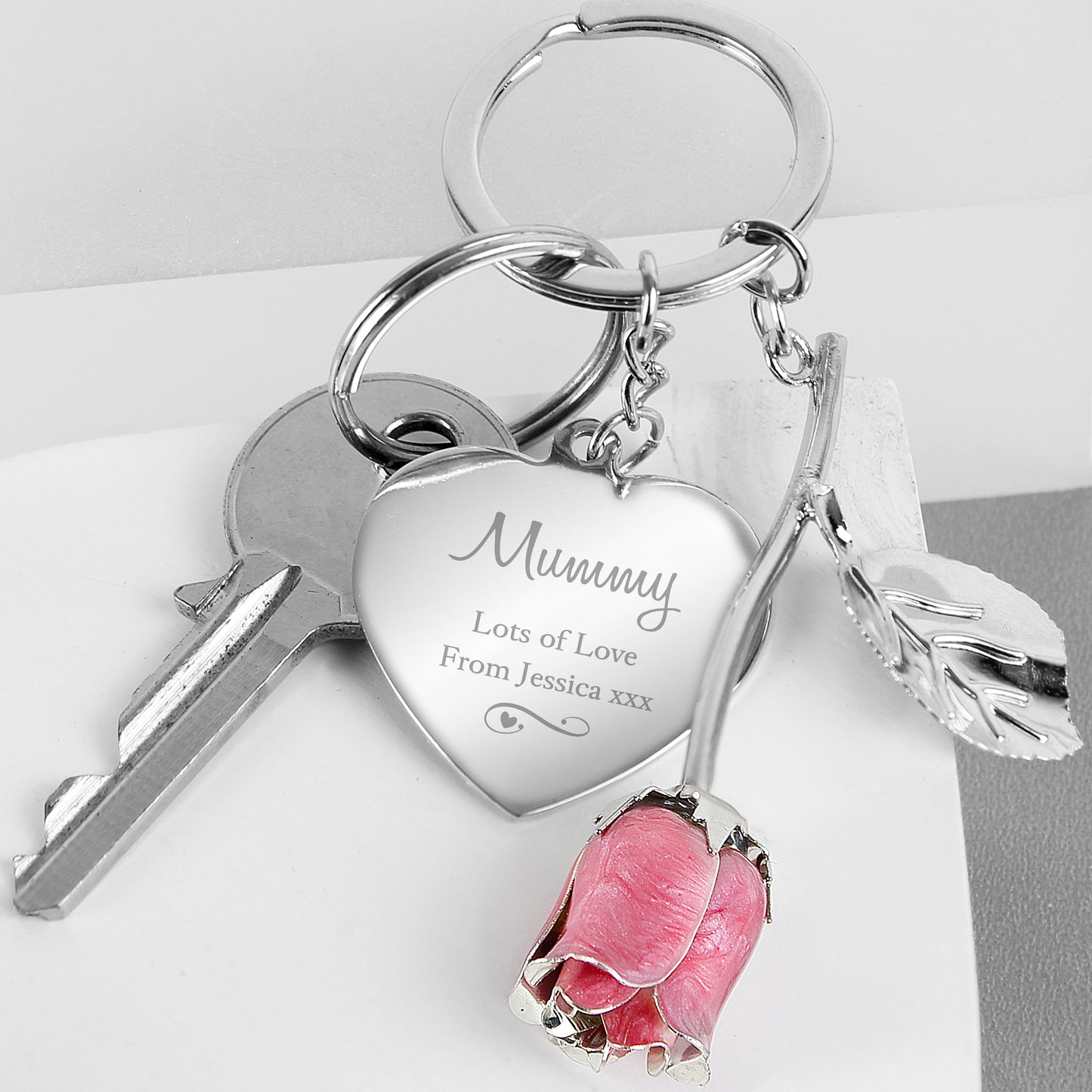 Personalised Silver Plated Swirls & Hearts Pink Rose Keyring - MK&JD Gifts