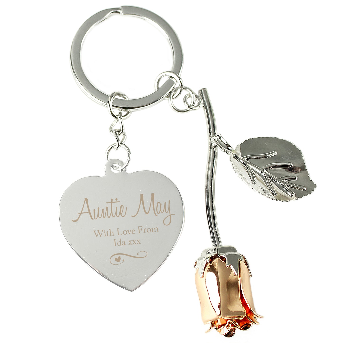 Personalised Silver Plated Swirls & Hearts Rose Gold Rose Keyring - MK&JD Gifts