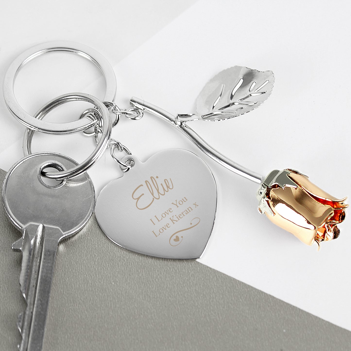 Personalised Silver Plated Swirls & Hearts Rose Gold Rose Keyring - MK&JD Gifts