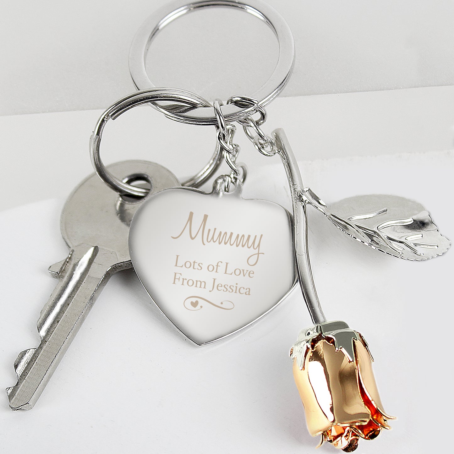 Personalised Silver Plated Swirls & Hearts Rose Gold Rose Keyring - MK&JD Gifts