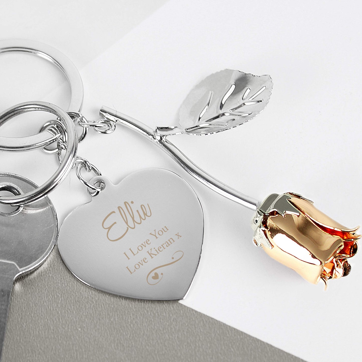 Personalised Silver Plated Swirls & Hearts Rose Gold Rose Keyring - MK&JD Gifts