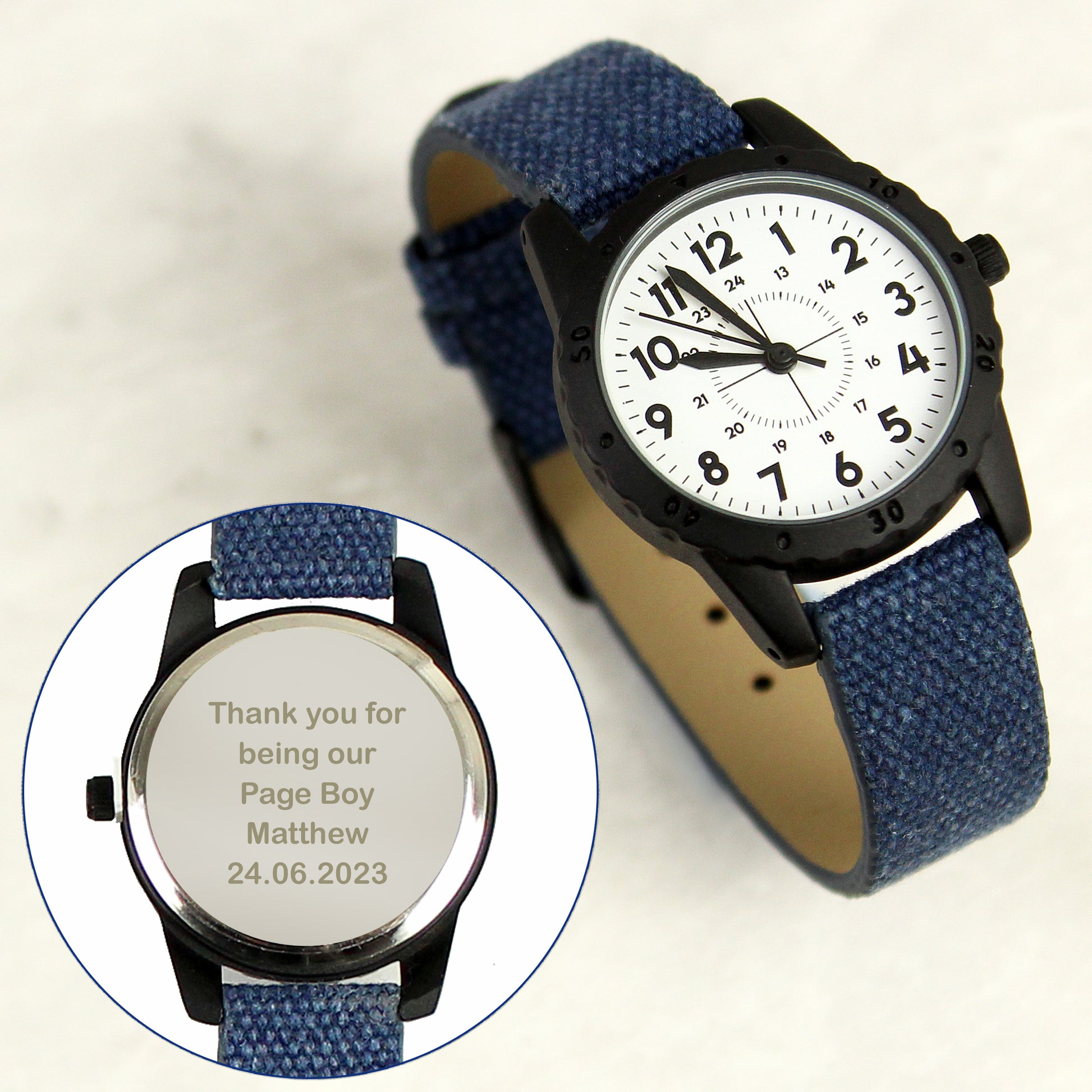 Personalised Black with Blue Canvas Strap Boys Watch - MK&JD Gifts