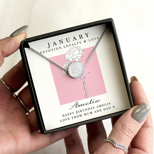 Personalised January Birth Flower Necklace and Box - MK&JD Gifts