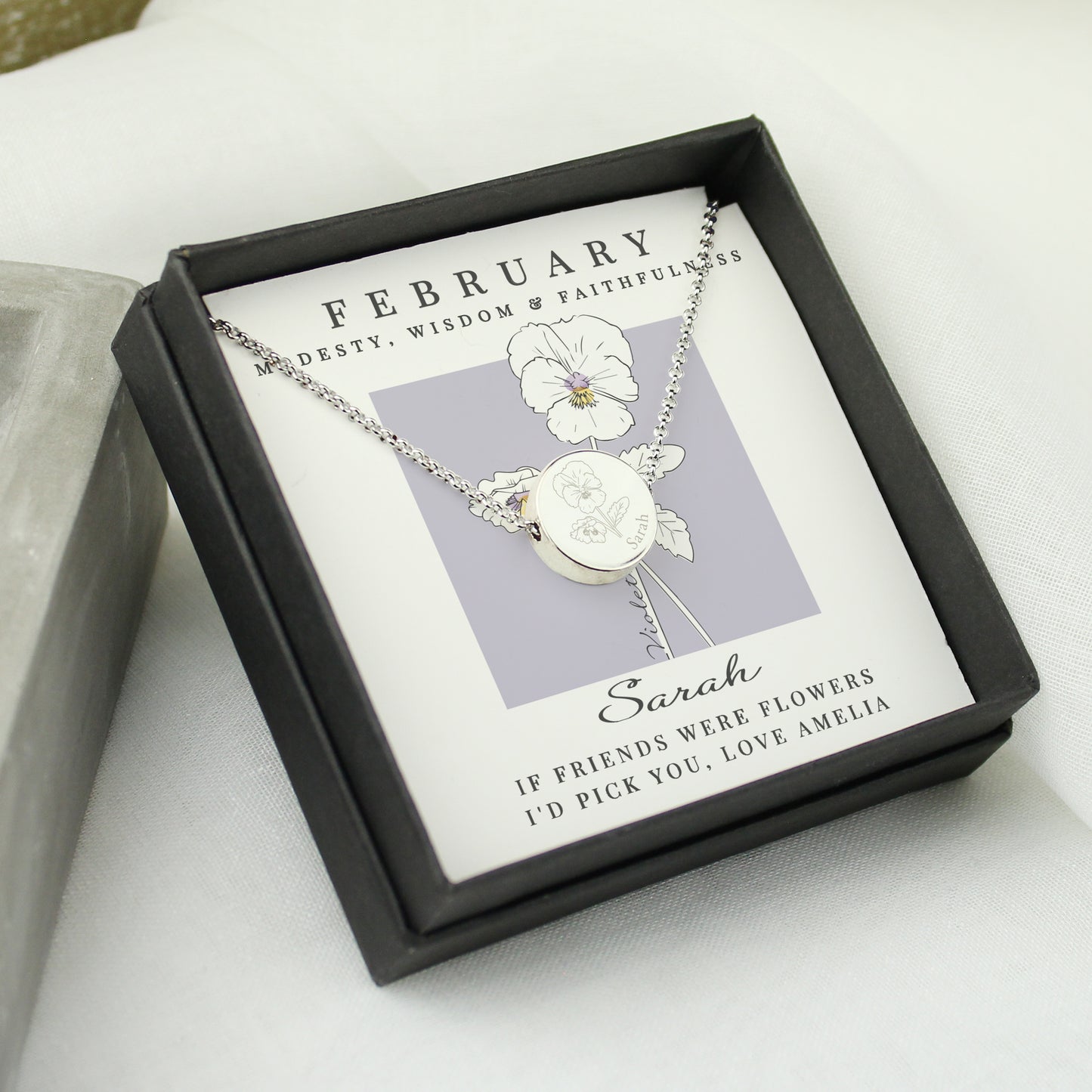 Personalised February Birth Flower Necklace and Box - MK&JD Gifts