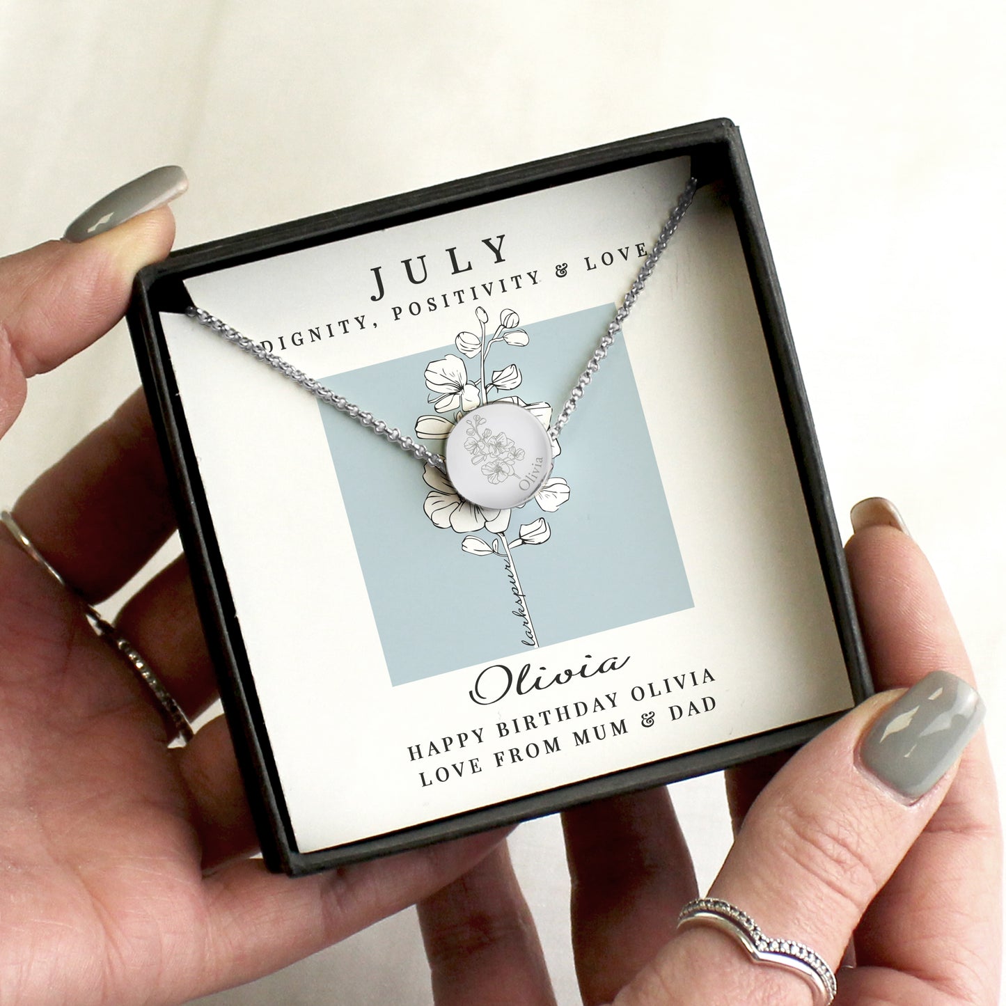 Personalised July Birth Flower Necklace and Box - MK&JD Gifts