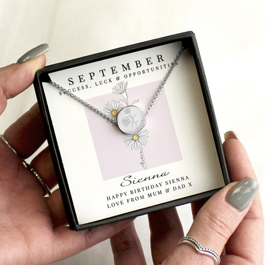 Personalised September Birth Flower Necklace and Box - MK&JD Gifts