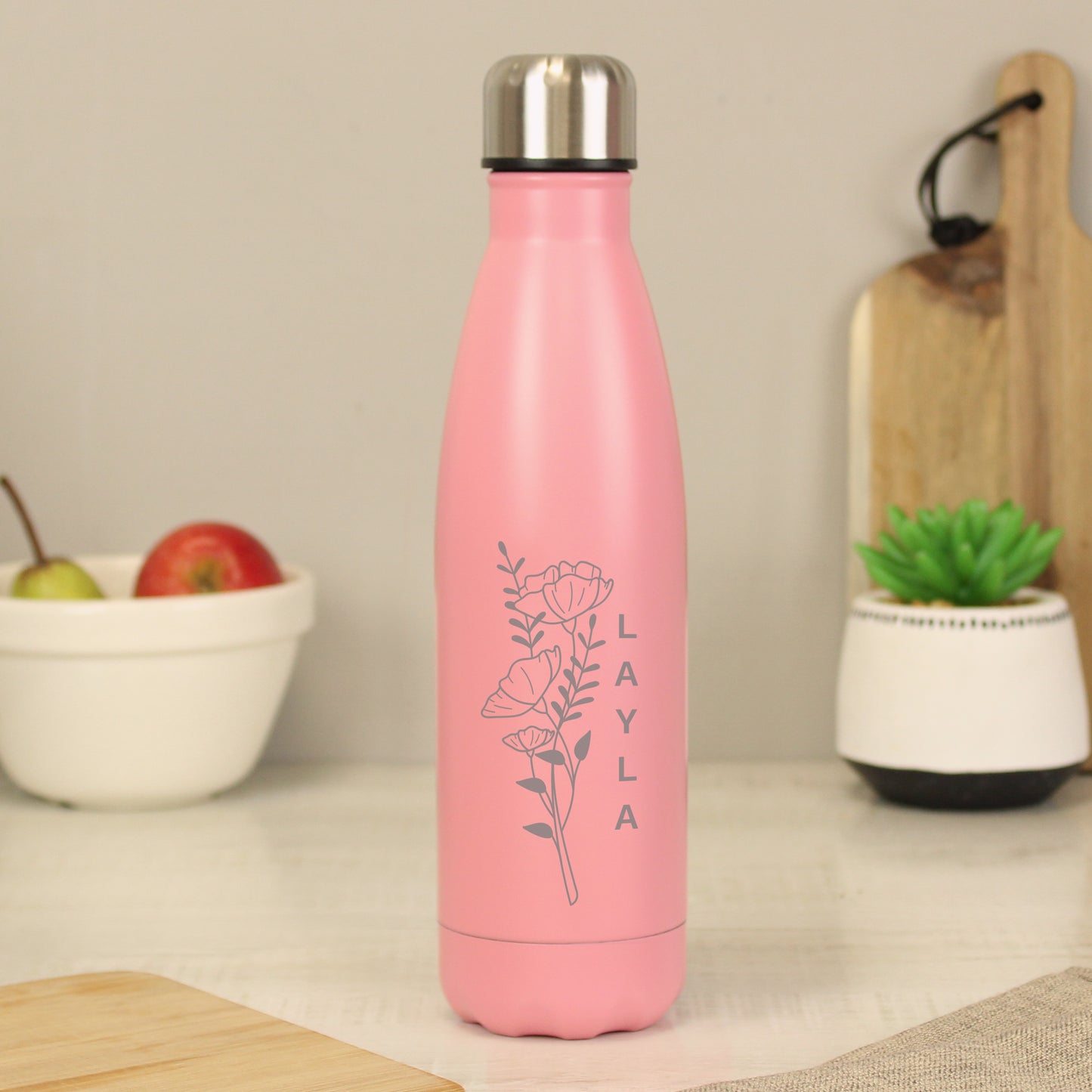 Personalised Floral Pink Metal Insulated Drinks Bottle - MK&JD Gifts