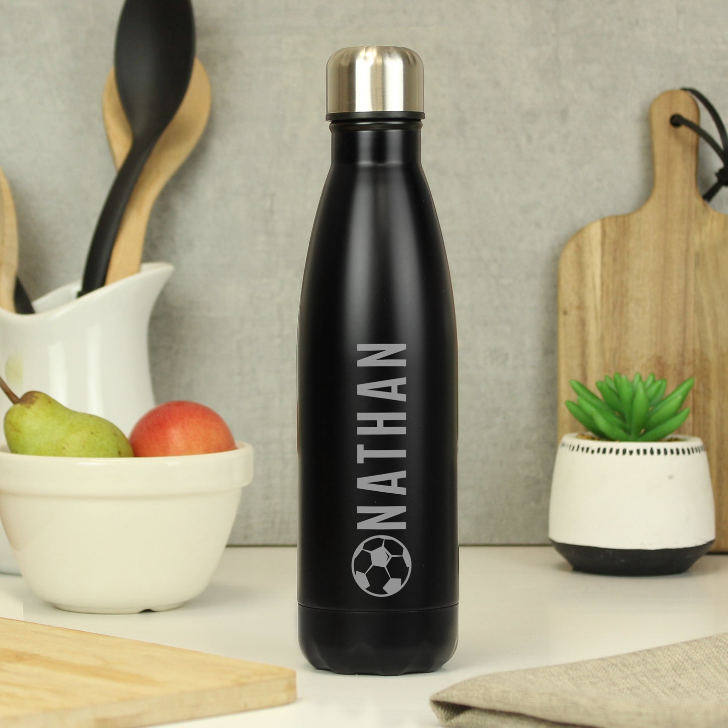 Personalised Football Black Metal Insulated Drinks Bottle - MK&JD Gifts