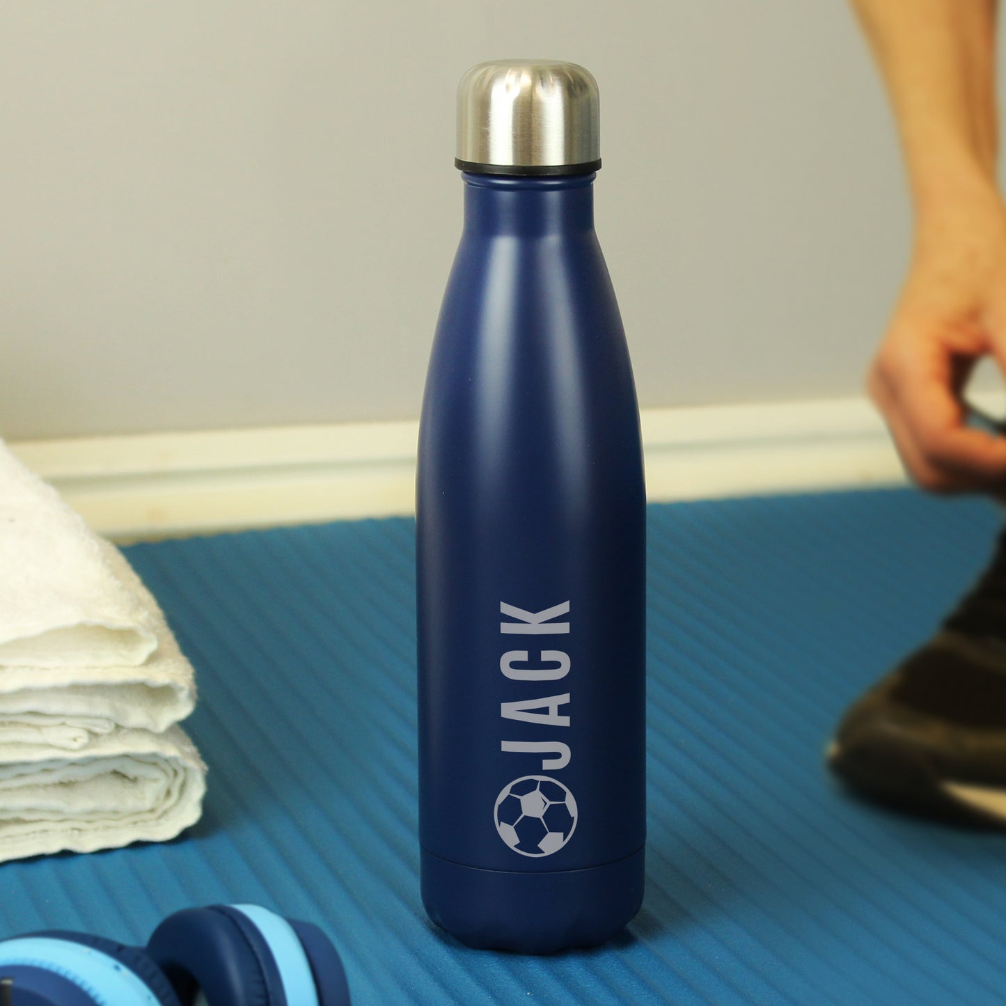 Personalised Football Navy Metal Insulated Drinks Bottle - MK&JD Gifts