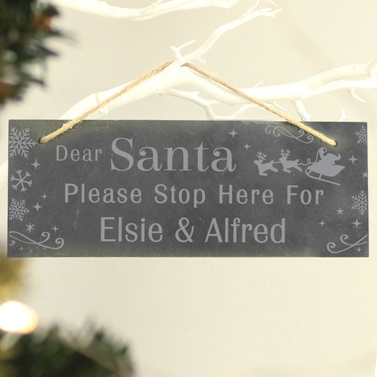 Personalised Santa Please Stop Here... Hanging Slate Sign - MK&JD Gifts