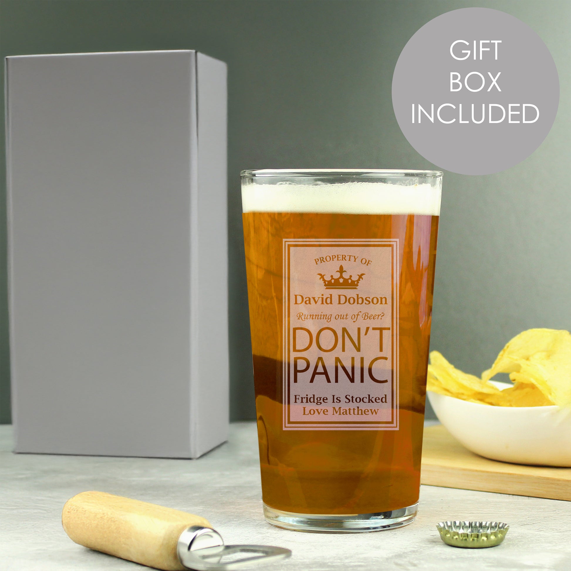 Personalised Don't Panic Pint Glass - MK&JD Gifts