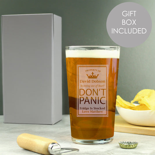 Personalised Don't Panic Pint Glass - MK&JD Gifts