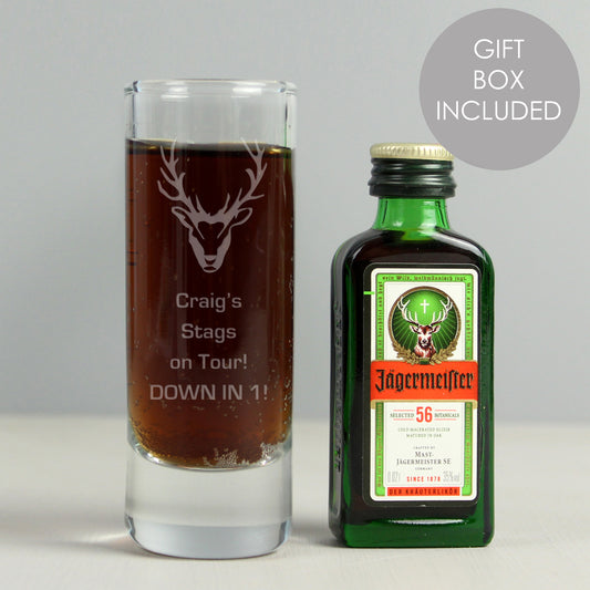 Personalised Stag Shot Glass and Miniature Jagermeister - MK&JD Gifts