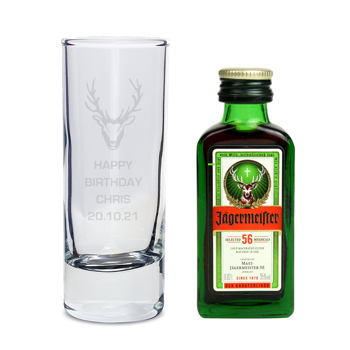 Personalised Stag Shot Glass and Miniature Jagermeister - MK&JD Gifts
