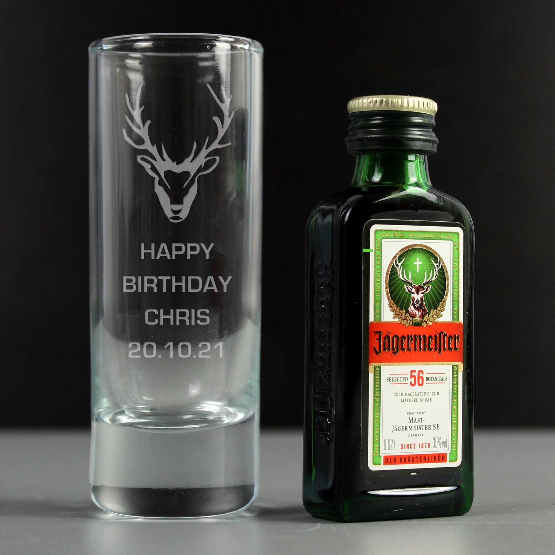 Personalised Stag Shot Glass and Miniature Jagermeister - MK&JD Gifts