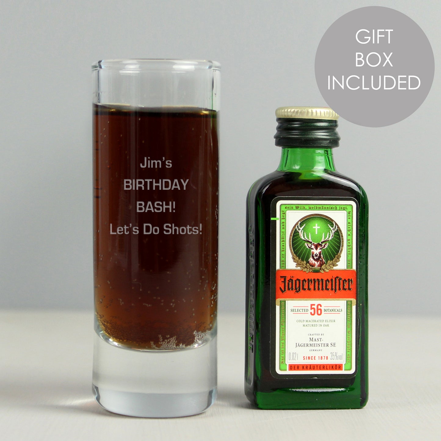Personalised Shot Glass and Miniature Jagermeister - Text Only - MK&JD Gifts