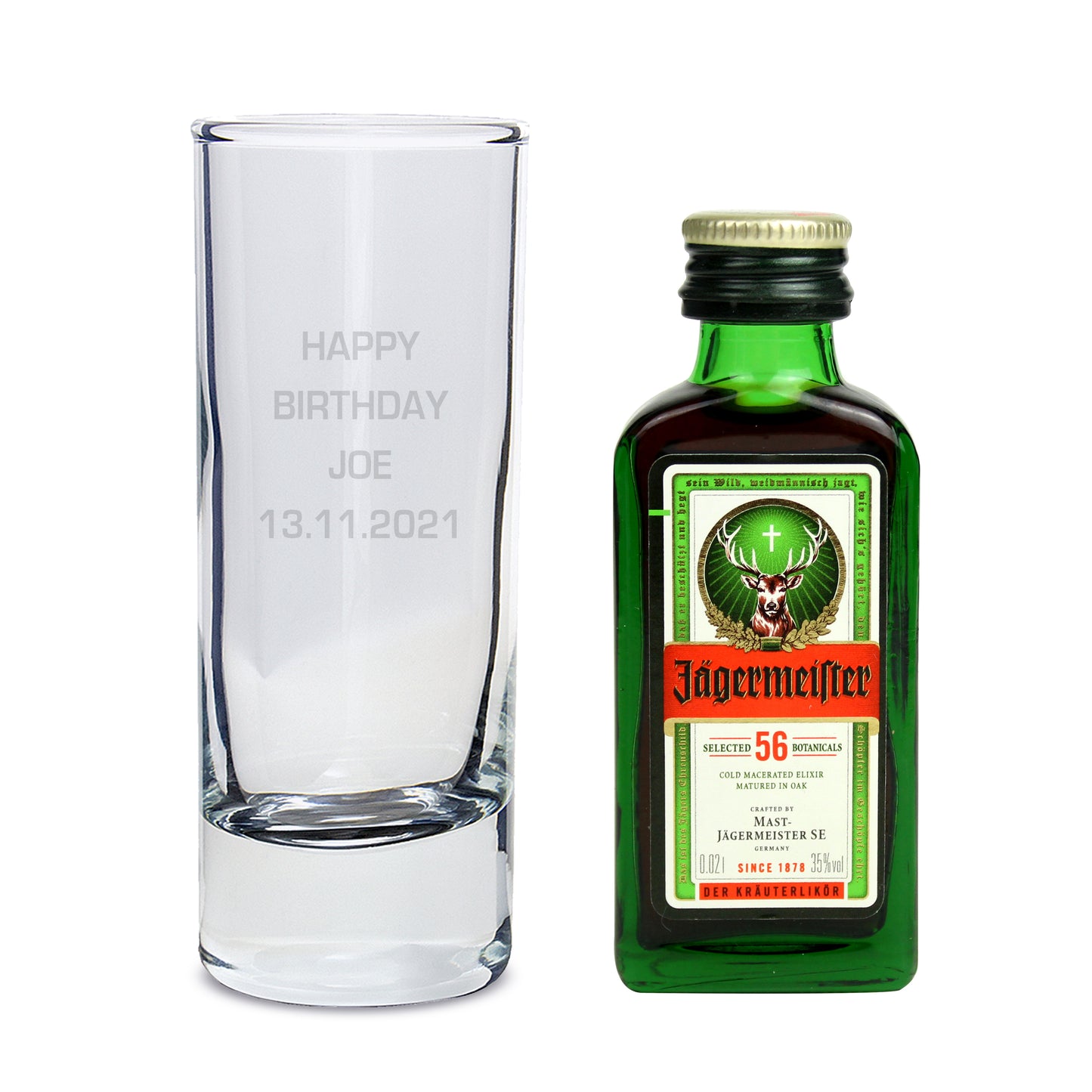 Personalised Shot Glass and Miniature Jagermeister - Text Only - MK&JD Gifts