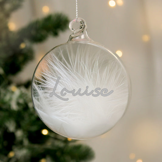 Personalised Silver Glitter Name Only Feather Glass Bauble - MK&JD Gifts