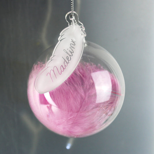 Personalised Pink Feather Glass Bauble - MK&JD Gifts