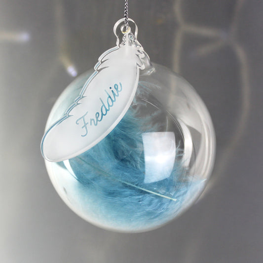 Personalised Blue Feather Glass Bauble - MK&JD Gifts