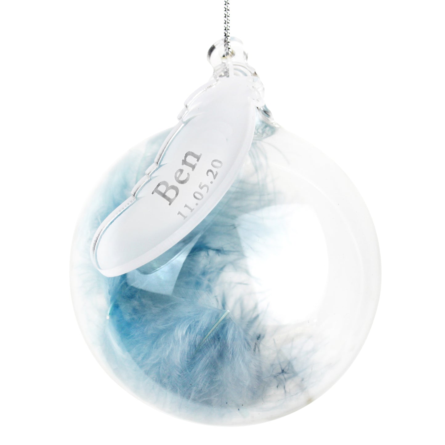 Personalised Name & Date Blue Feather Glass Bauble - MK&JD Gifts