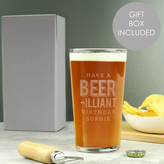 Personalised Beer-Illiant Birthday Pint Glass - MK&JD Gifts