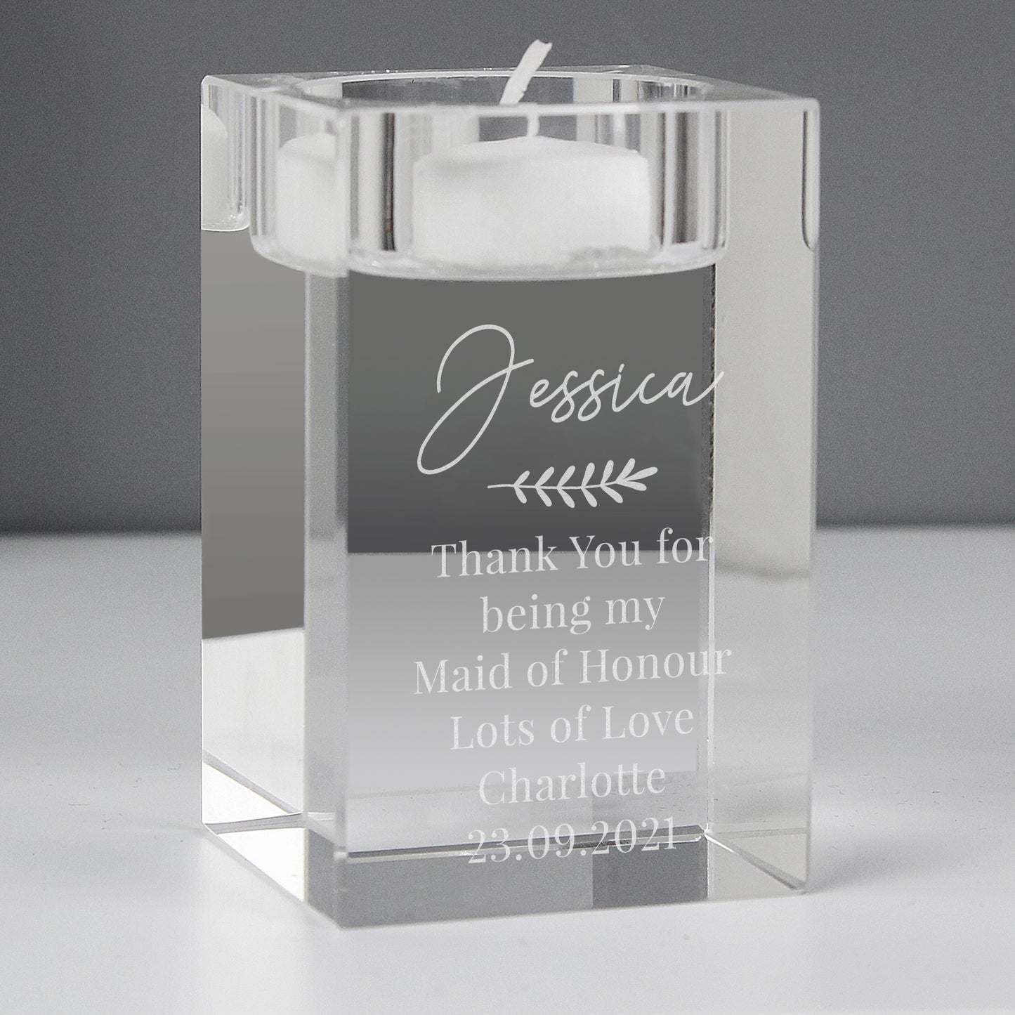 Personalised Leaf Free Text Glass Tea Light Holder - MK&JD Gifts