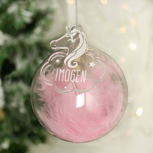 Personalised Pink Feather Glass Bauble With Unicorn Tag - MK&JD Gifts