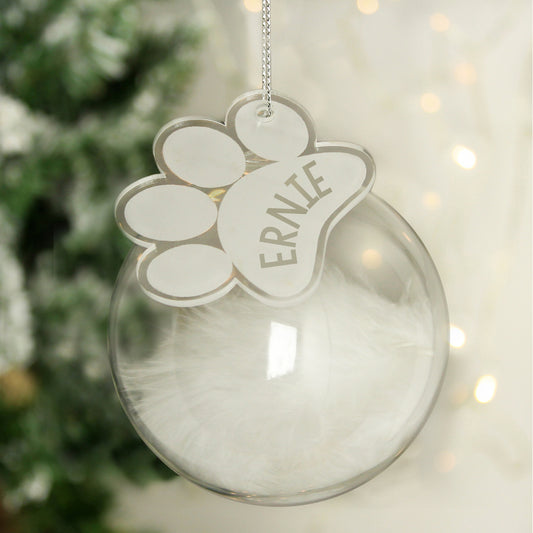 Personalised Pets White Feather Glass Bauble With Paw Print Tag - MK&JD Gifts
