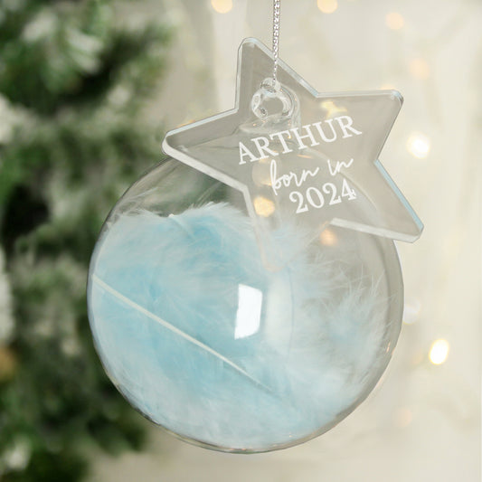 Personalised Born In Blue Feather Glass Bauble With Star Tag - MK&JD Gifts