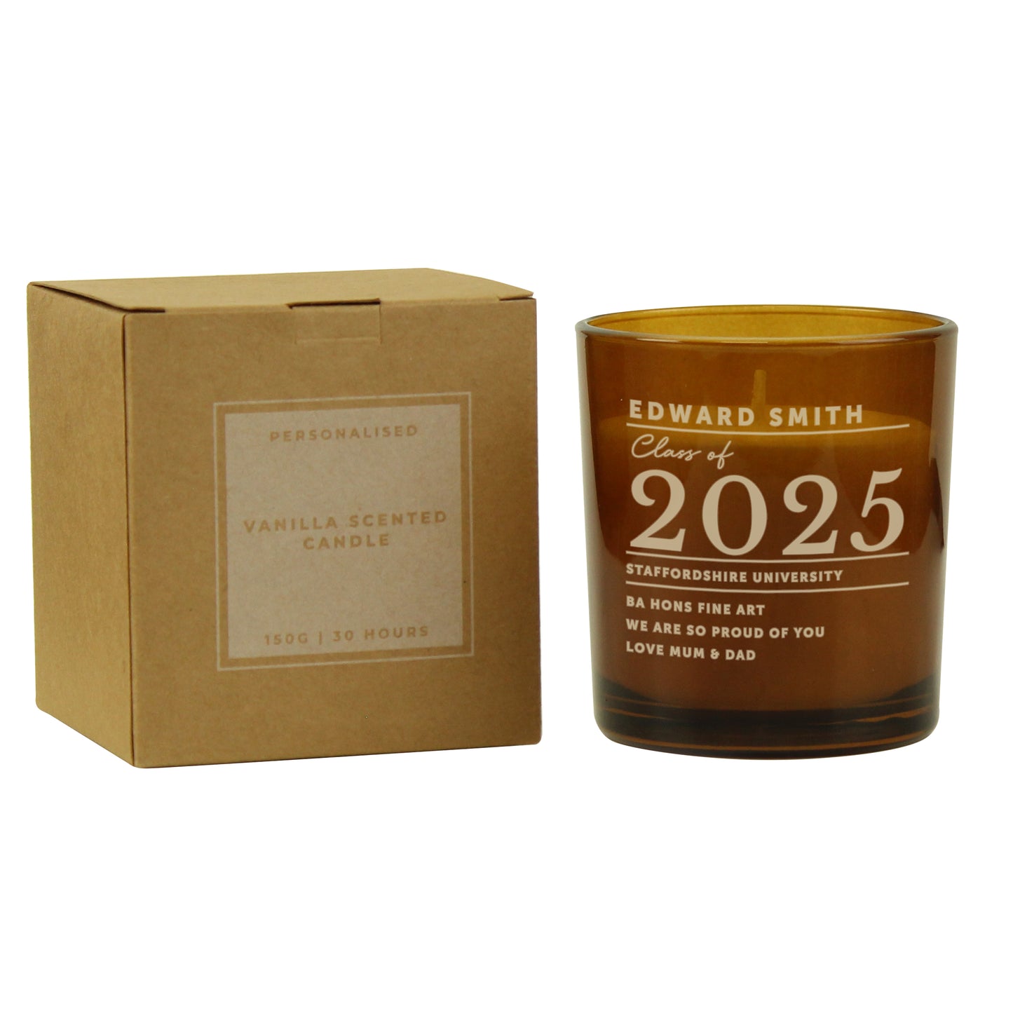 Personalised Graduation Amber Glass Candle - MK&JD Gifts