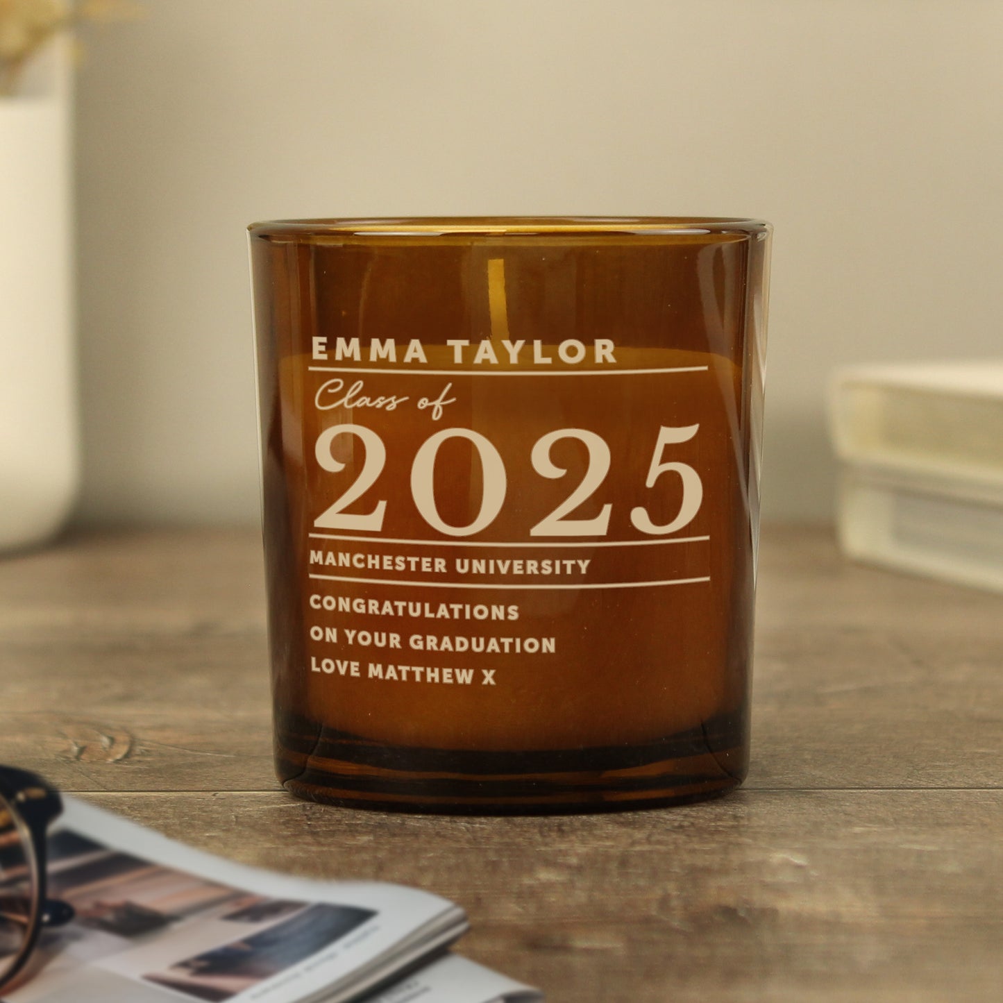 Personalised Graduation Amber Glass Candle - MK&JD Gifts