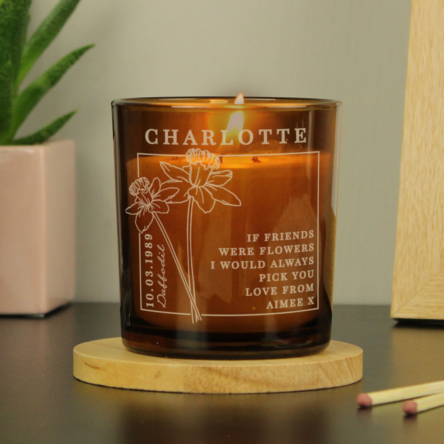 Personalised March Birth Flower Amber Glass Candle - MK&JD Gifts