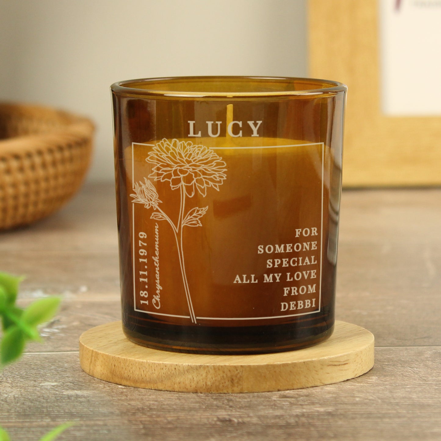 Personalised November Birth Flower Amber Glass Candle - MK&JD Gifts