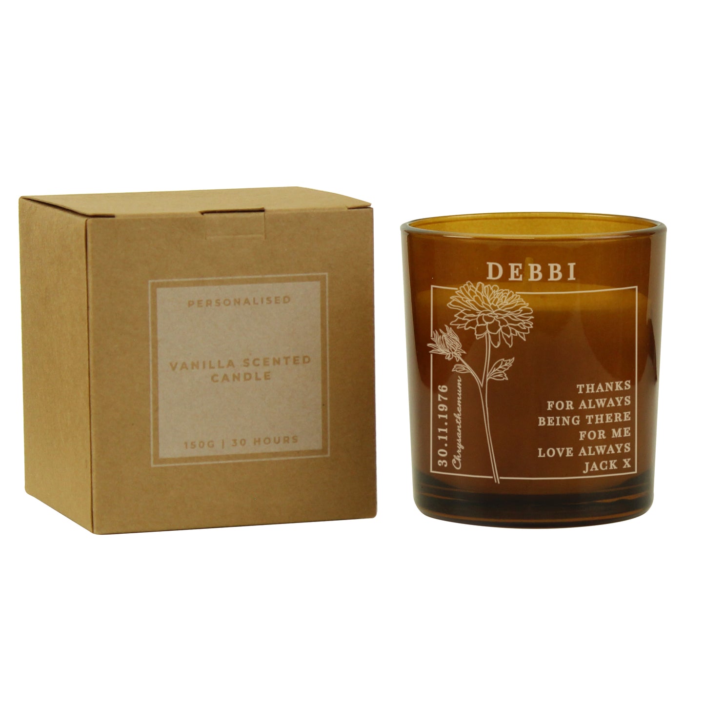 Personalised November Birth Flower Amber Glass Candle - MK&JD Gifts