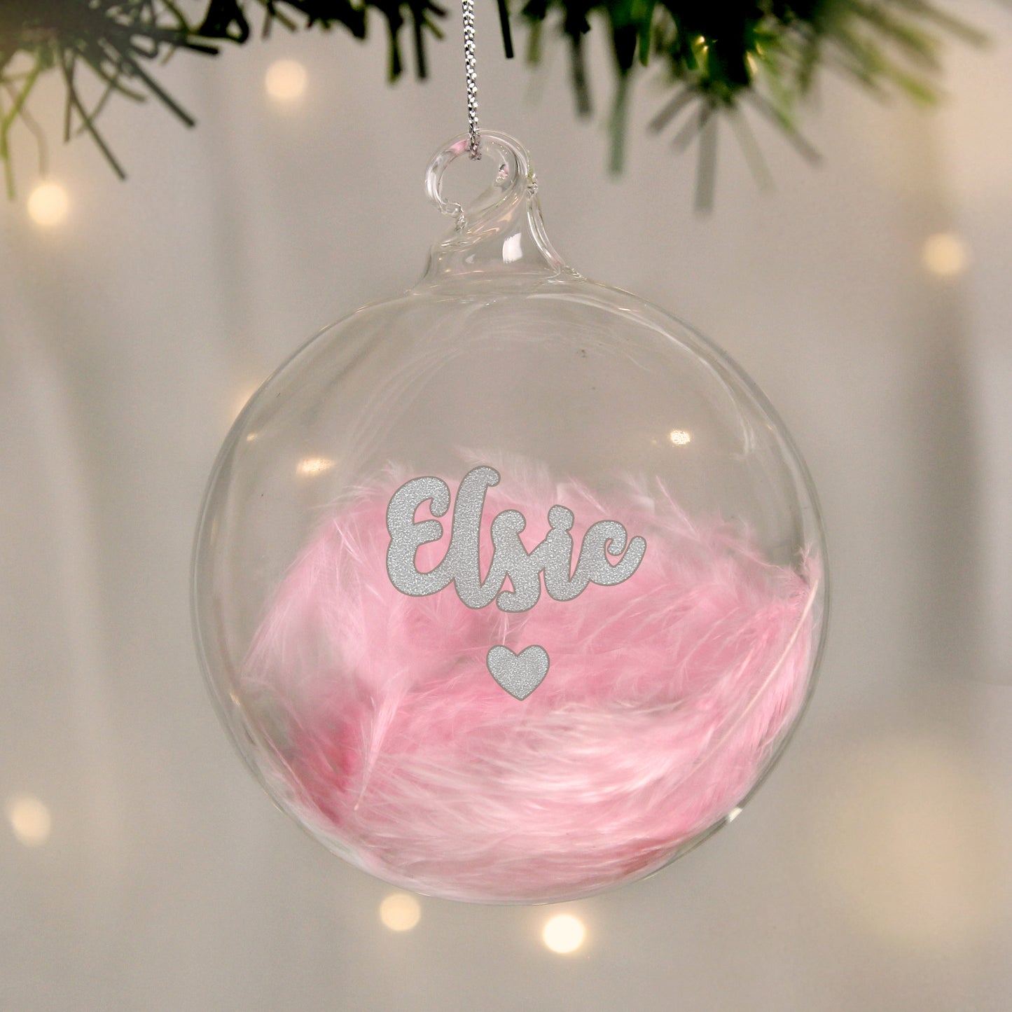 Personalised Pink Feather Silver Heart Glass Bauble - MK&JD Gifts
